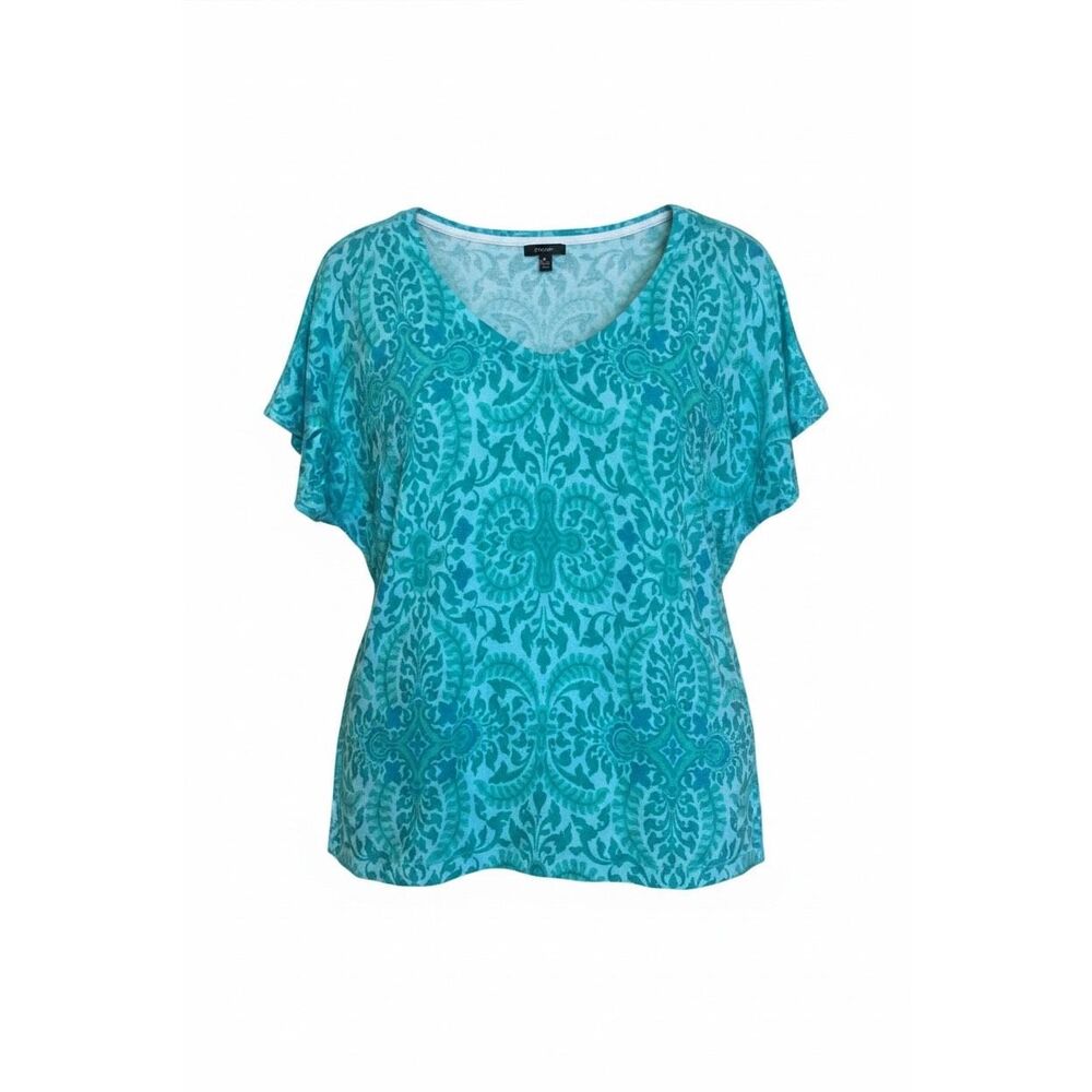 Talbots NWOT Baroque Print‎ Cap Sleeve Cotton Blend Top Blue Green Medium Petite